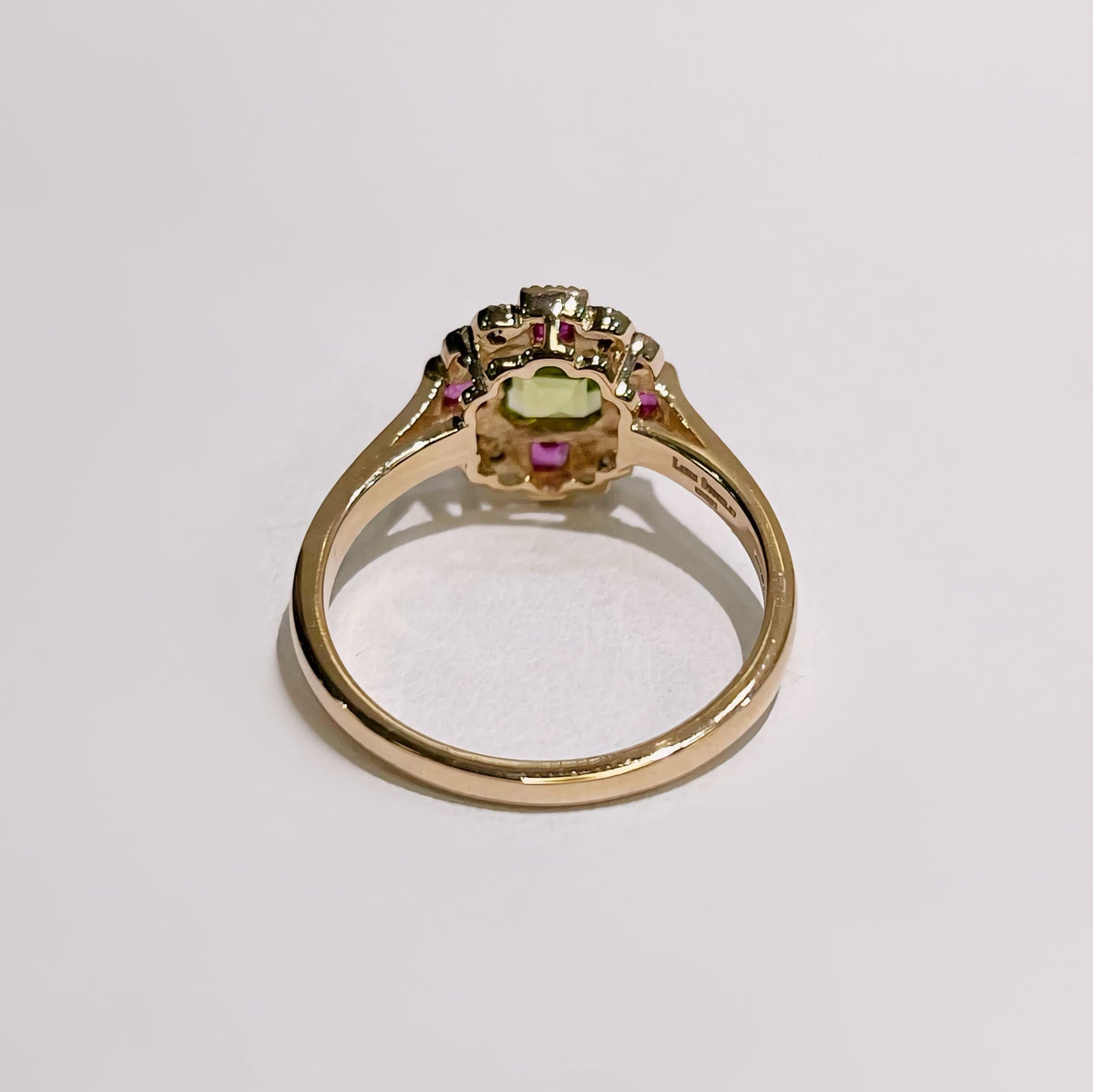 Peridot, Pink Ruby and Diamond Art Deco Reproduction 9ct Yellow Gold Ring | Size O