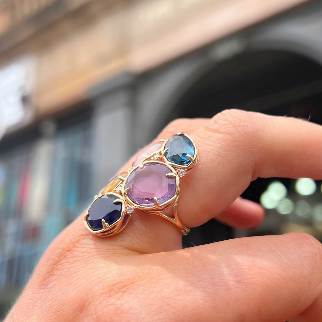 Rose Quartz, Iolite, Amethyst, Topaz, Opal and Diamond 14ct Rose Gold Chunky Ring | Peroni & Parise