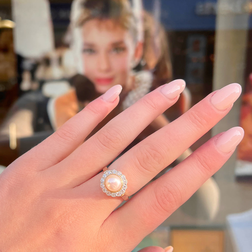 'The Audrey' Pearl and Diamond 9ct Yellow Gold Halo Cluster Ring | Size O