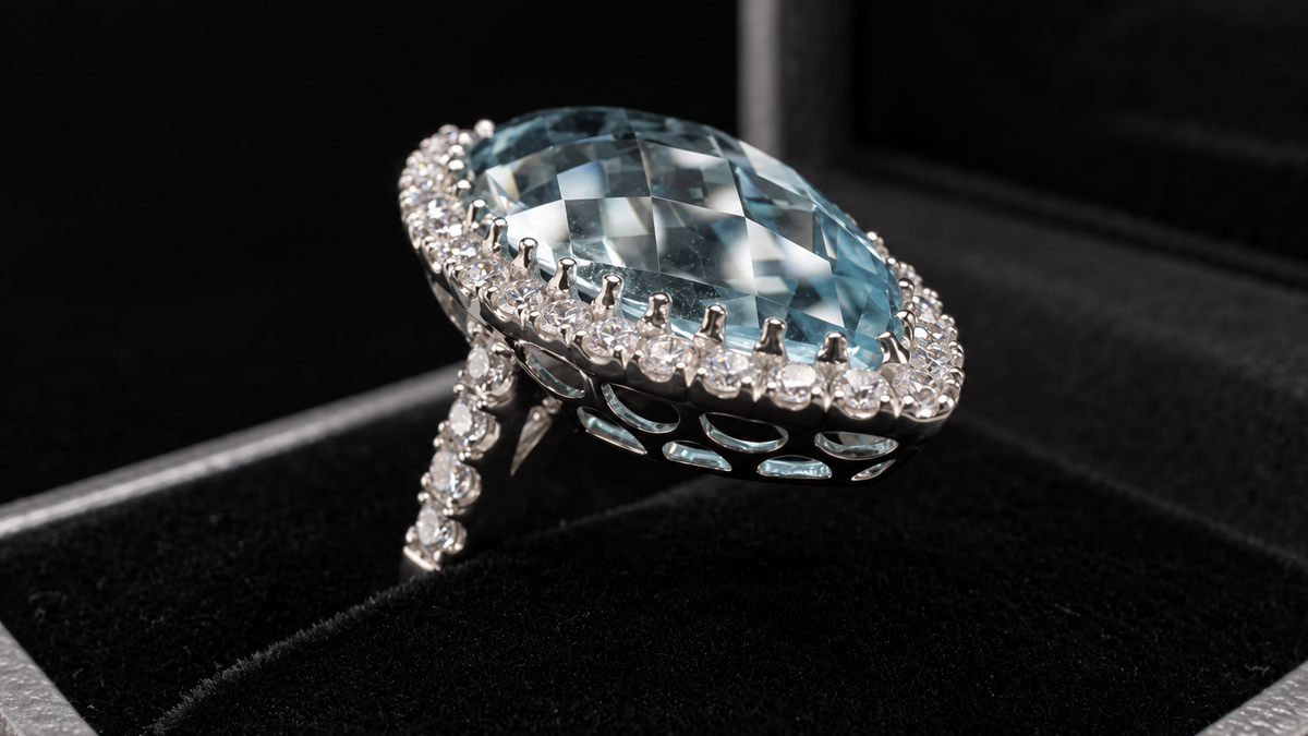 Marquise Cut Blue Topaz & Diamond 18ct White Gold Cocktail Ring | Size M
