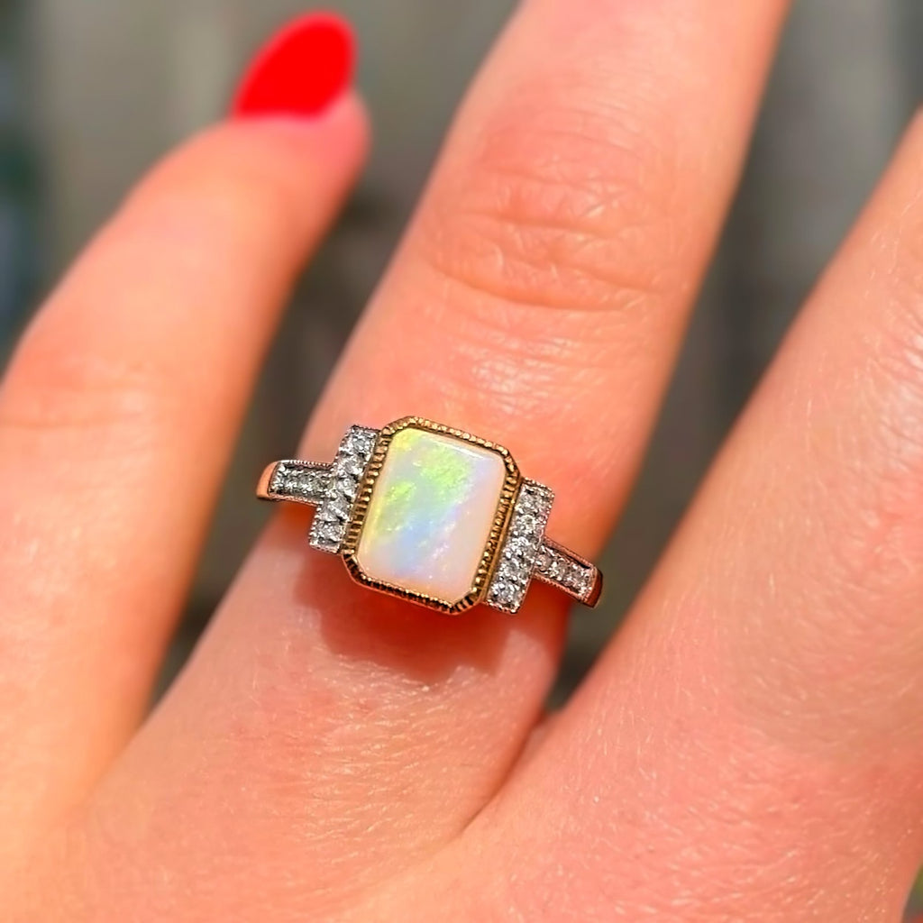 'The Opalina' Rectangular Opal and Diamond 9ct Yellow Gold Ring | Size K