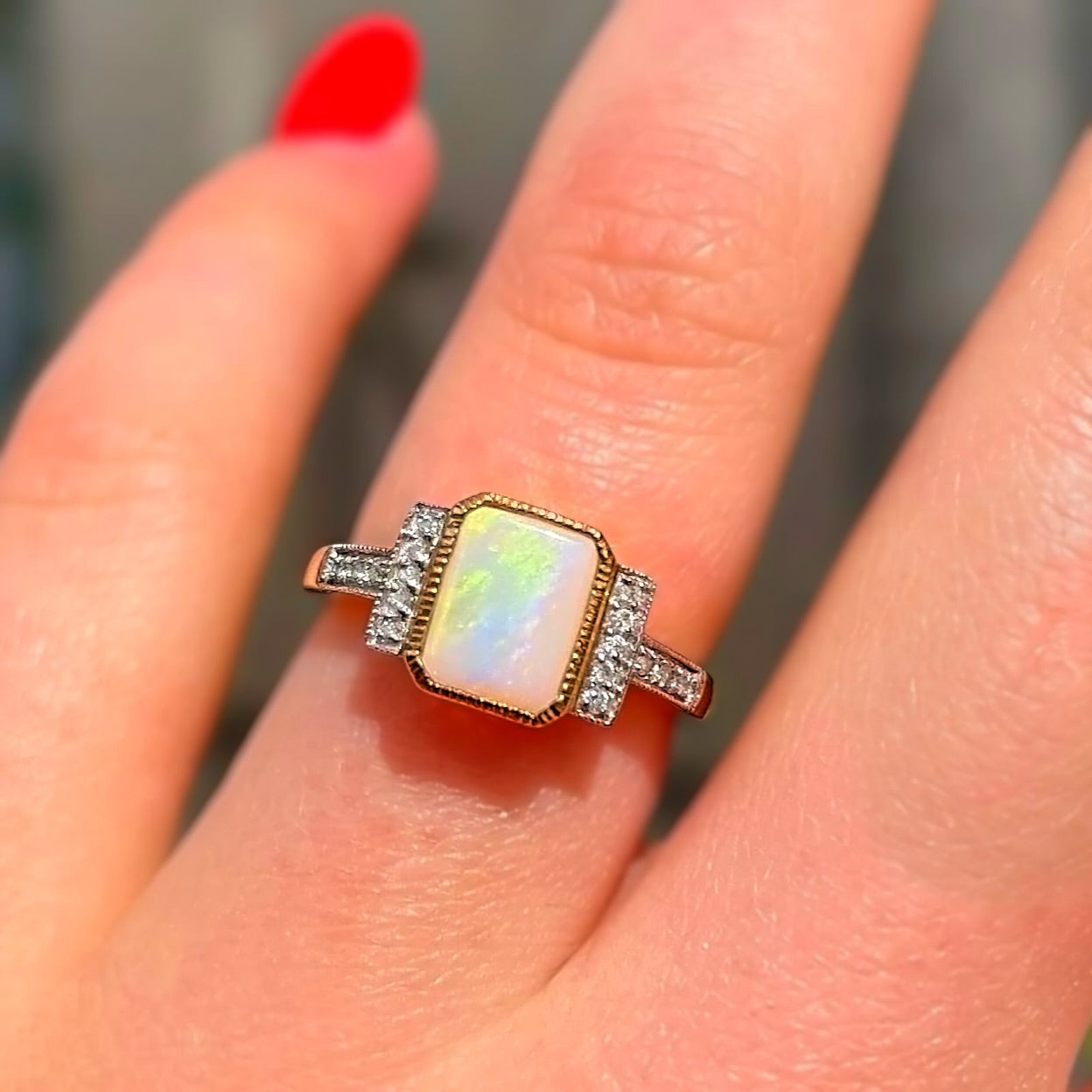 'The Opalina' Rectangular Opal and Diamond 9ct Yellow Gold Ring | Size K