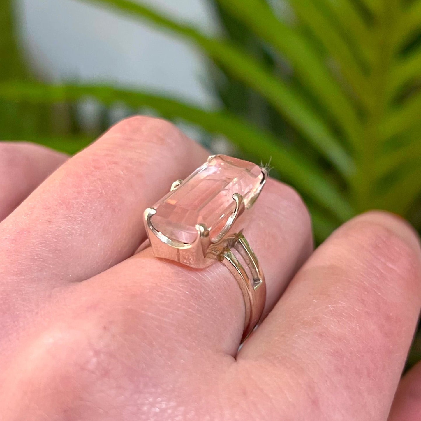 Pink Rose Quartz Baguette Cut Sterling Silver Ring - Size Q
