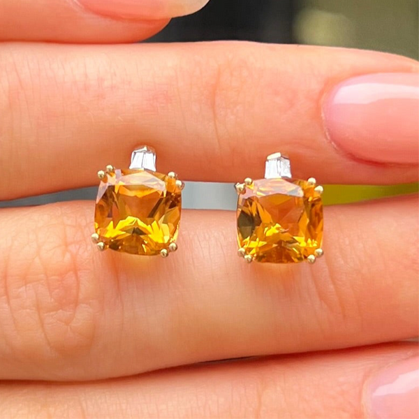 9ct Yellow Gold Orange Citrine & Diamond Square Stud Earrings