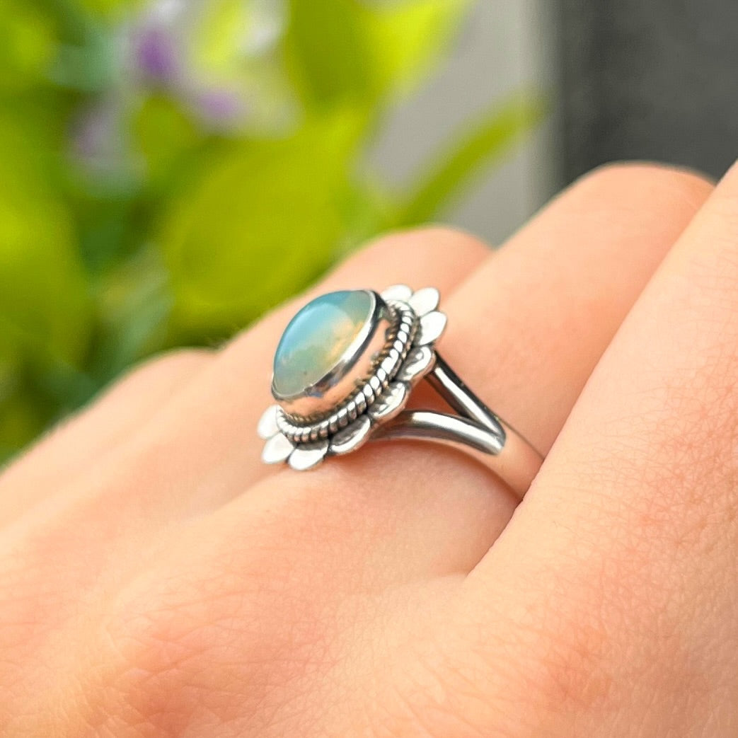 Sterling Silver Flower Design Opal Ring - Size O