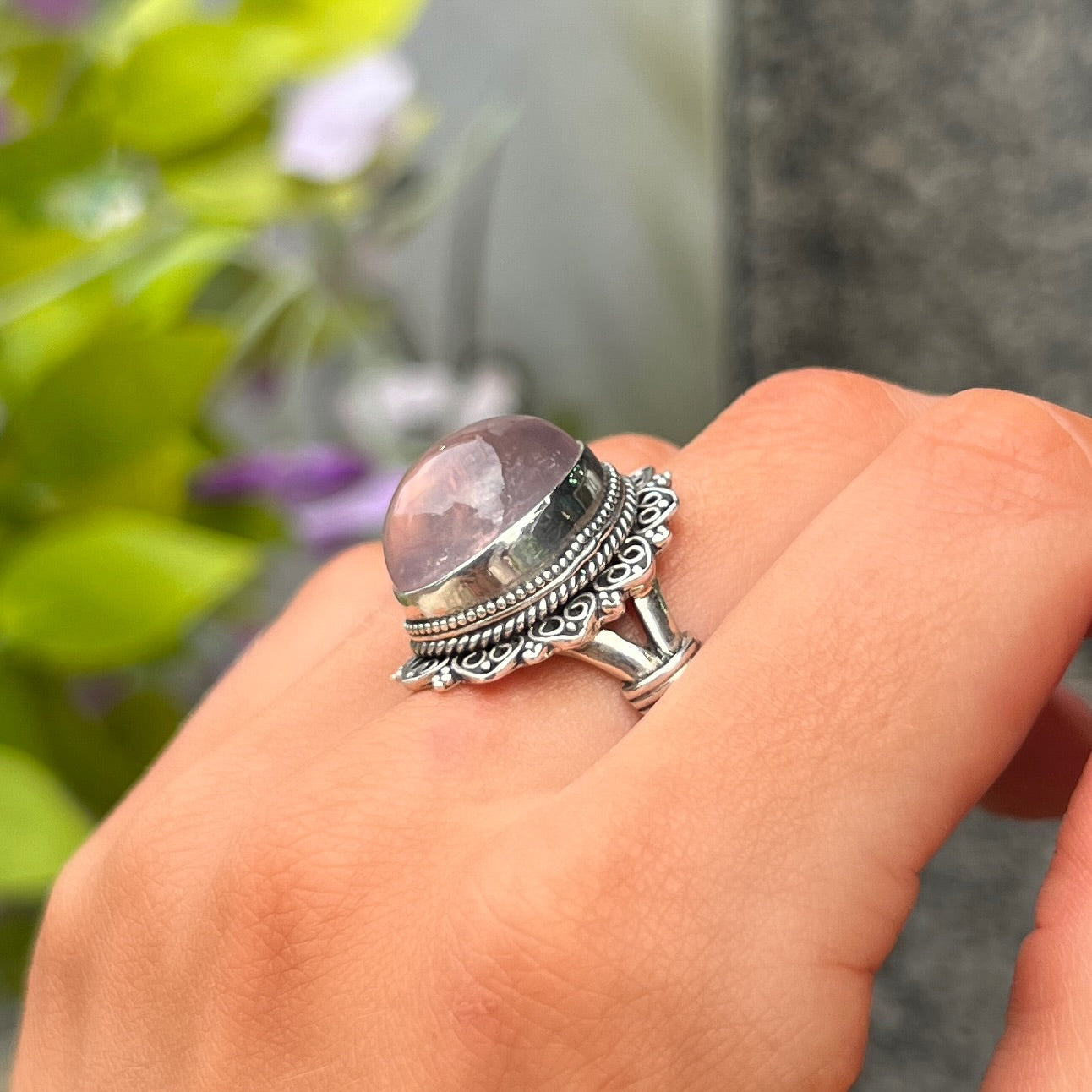 Chunky Bohemian Sterling Silver Cabochon Pink Rose Quartz Ring - Size N