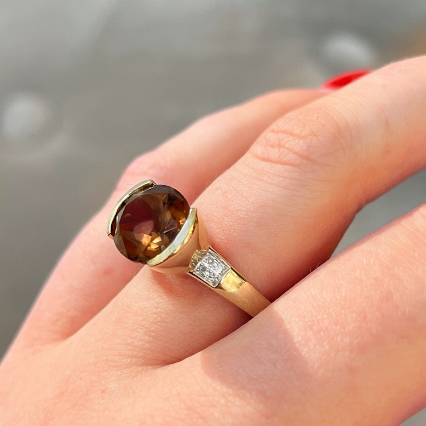 Vintage 9ct Yellow Gold Smoky Quartz and Diamond Cocktail Ring - Size M ½
