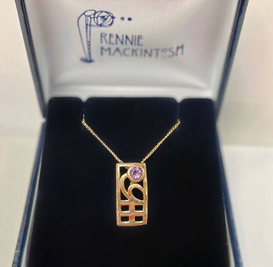 Vintage 9ct Yellow Gold Charles Rennie Mackintosh Inspired Amethyst Panel Necklace