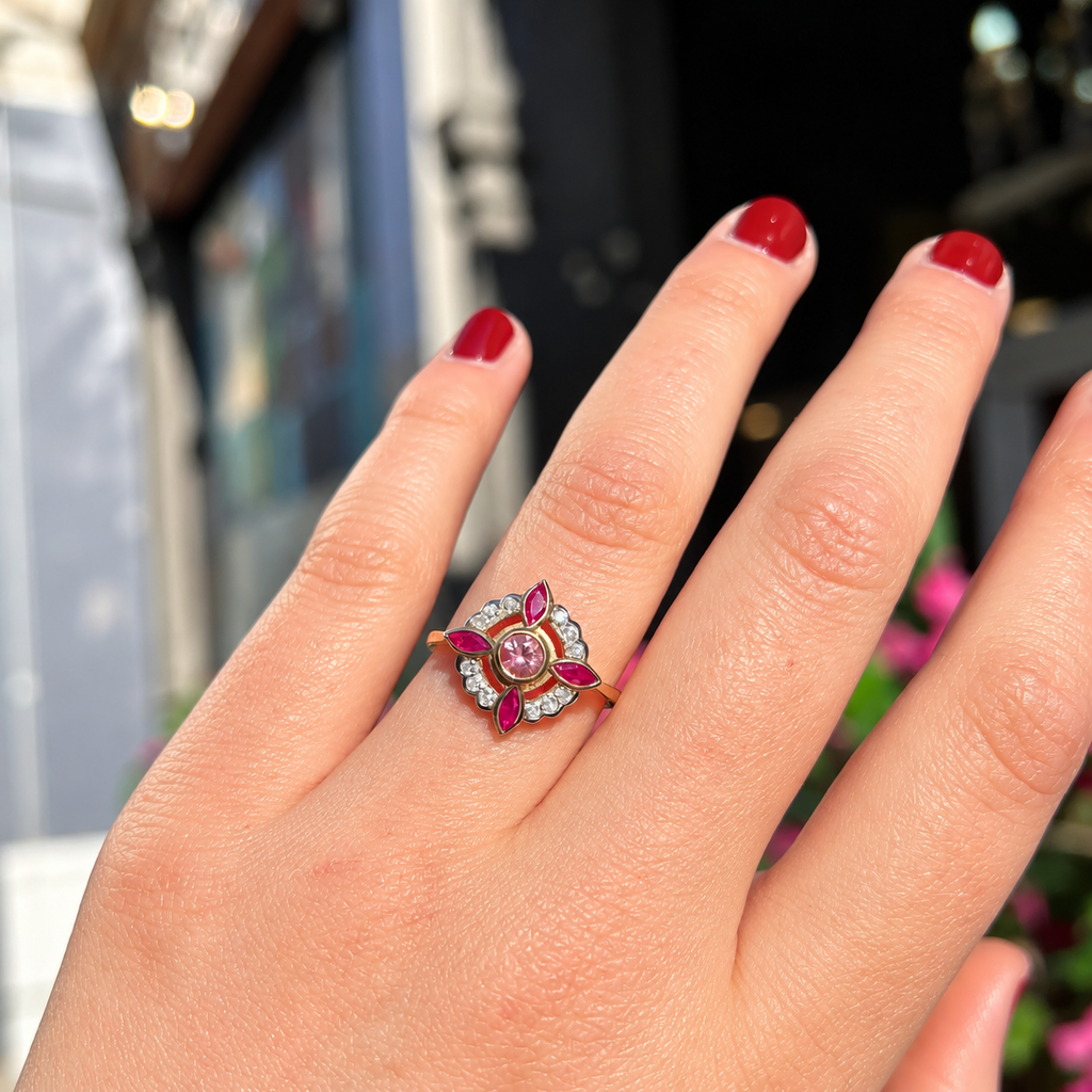 Edwardian Reproduction Pink Tourmaline, Ruby and Diamond 9ct Yellow Gold Ring | Size O