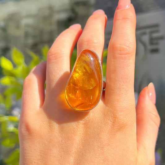 Super Chunky Sterling Silver Orange Amber Ring - Size R