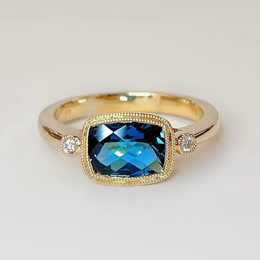 Intriguing 9ct Yellow Gold London Blue Topaz and Diamond Ring - Size M 1/2