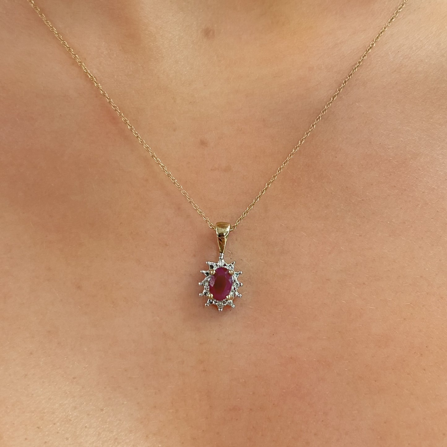 Vintage 9ct Yellow Gold, Ruby and Diamond Cluster Necklace