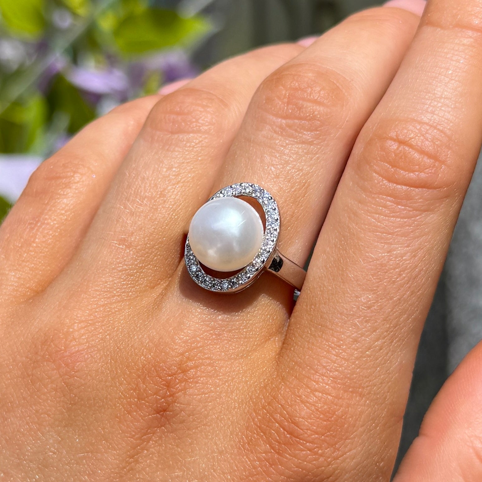 Cubic Zirconia and Pearl Sterling Silver Swirl Ring | Size M ½
