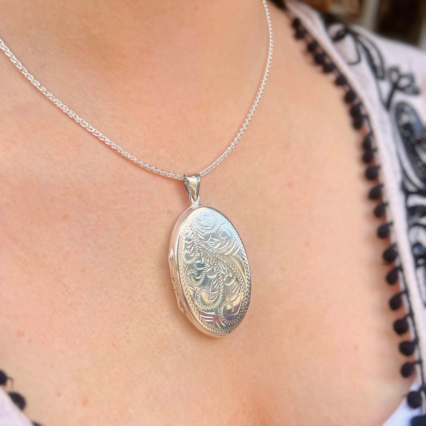 Large Sterling Silver Single-Sided Engraved Oval Locket