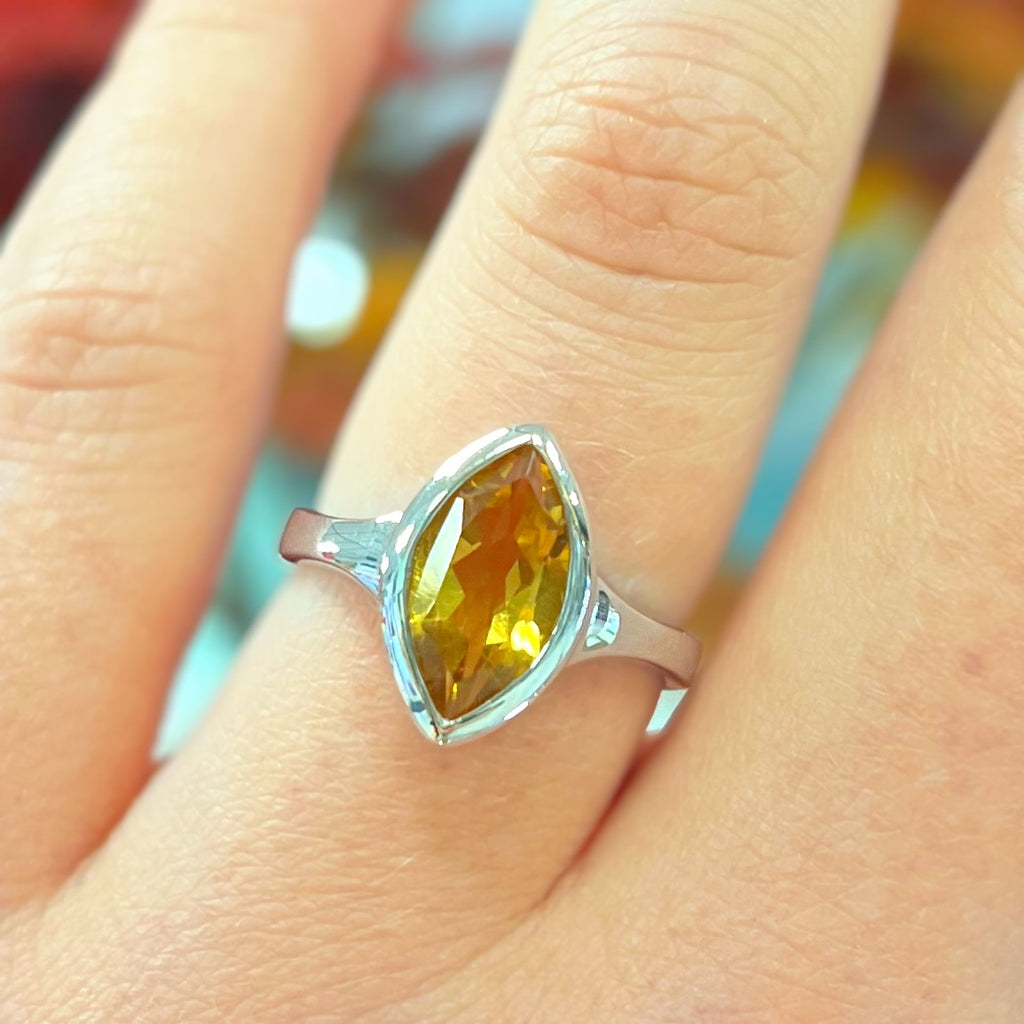 Bezel-Set Marquise-Shaped Madeira Citrine Sterling Silver Ring | Size M ½