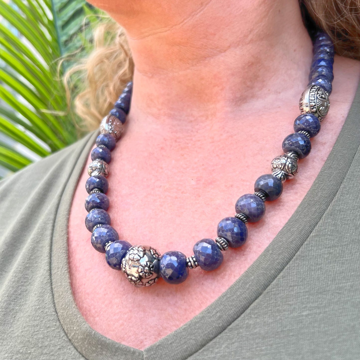 Sterling Silver Blue Sapphire Beaded Necklace