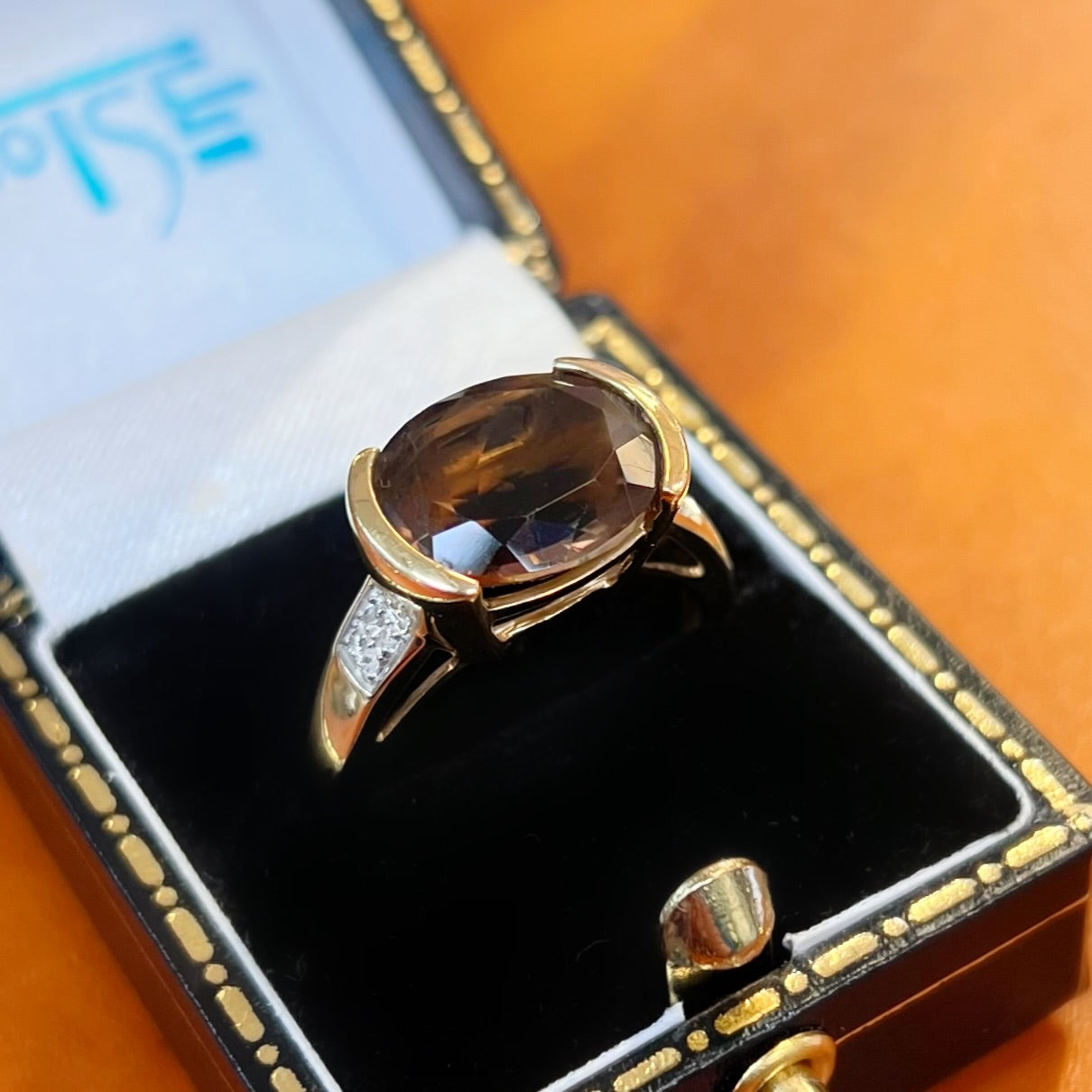 Vintage 9ct Yellow Gold Smoky Quartz and Diamond Cocktail Ring - Size M ½
