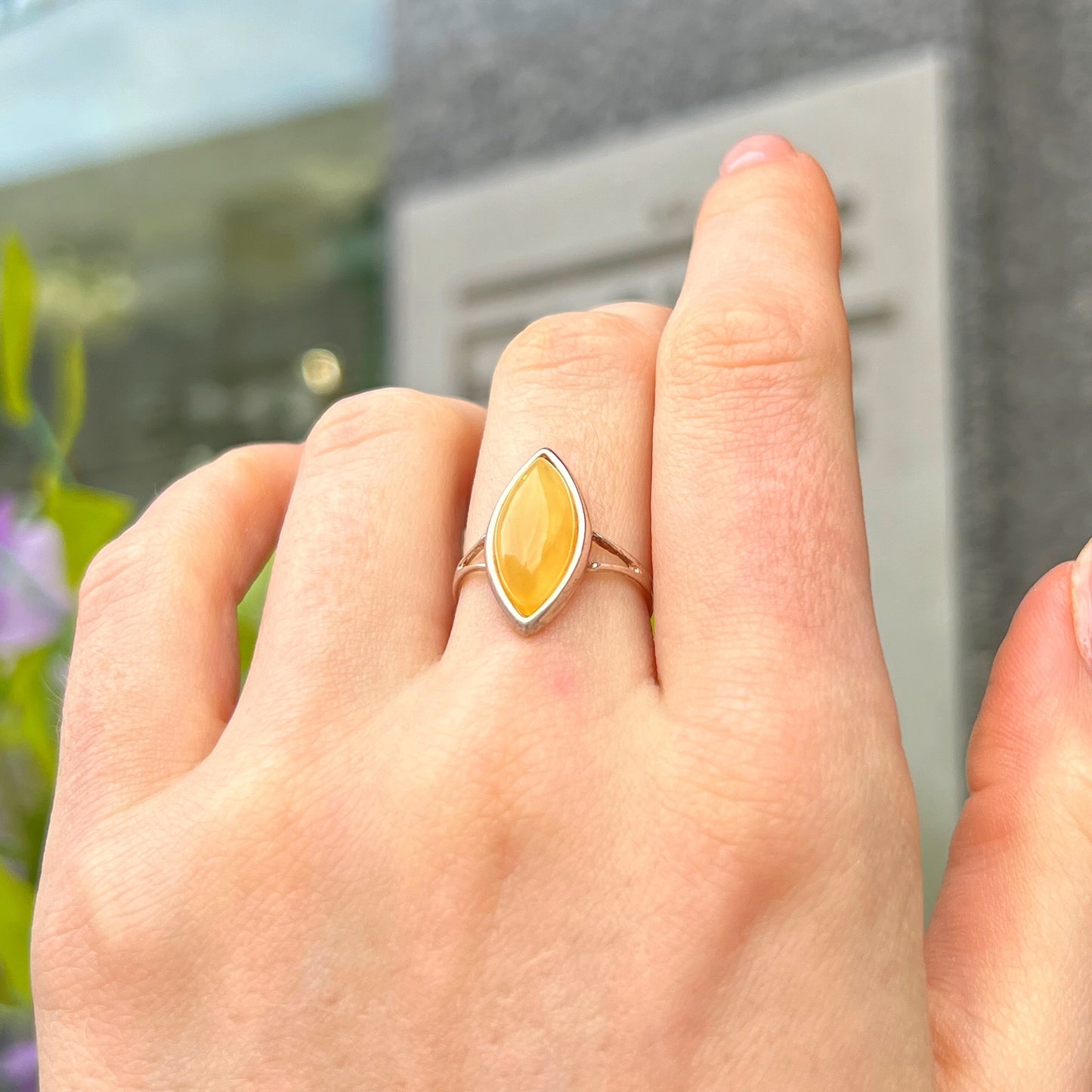 Sterling Silver Yellow Butterscotch Amber Marquise Cut Ring