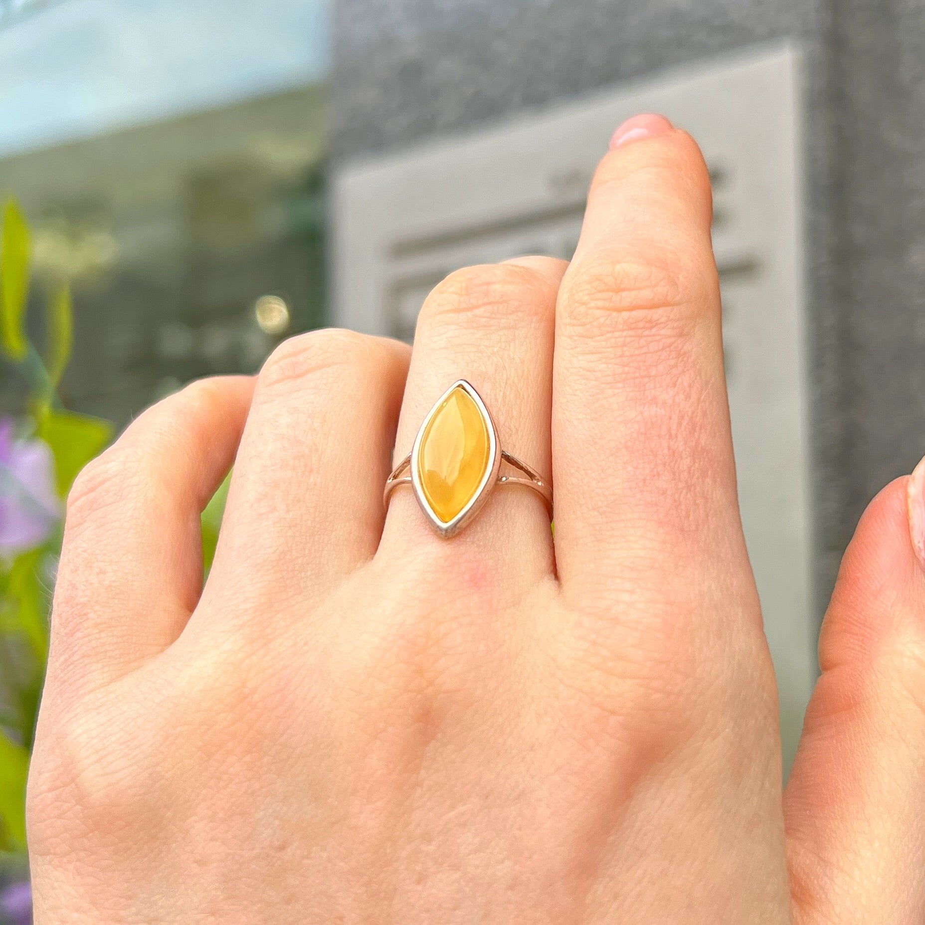 Yellow Butterscotch Amber Sterling Silver Marquise Cut Ring