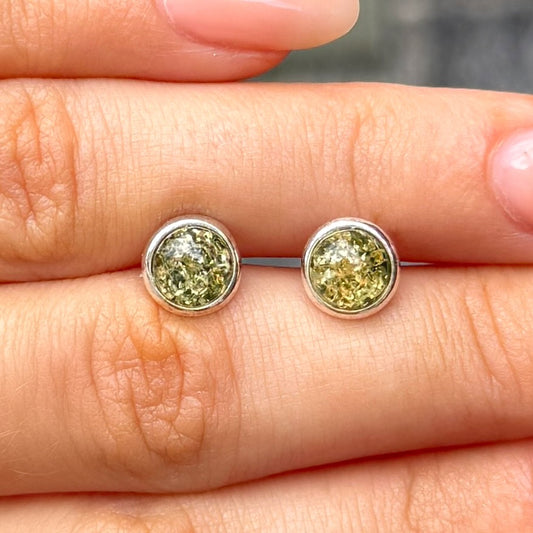 Green Amber Sterling Silver Round Stud Earrings