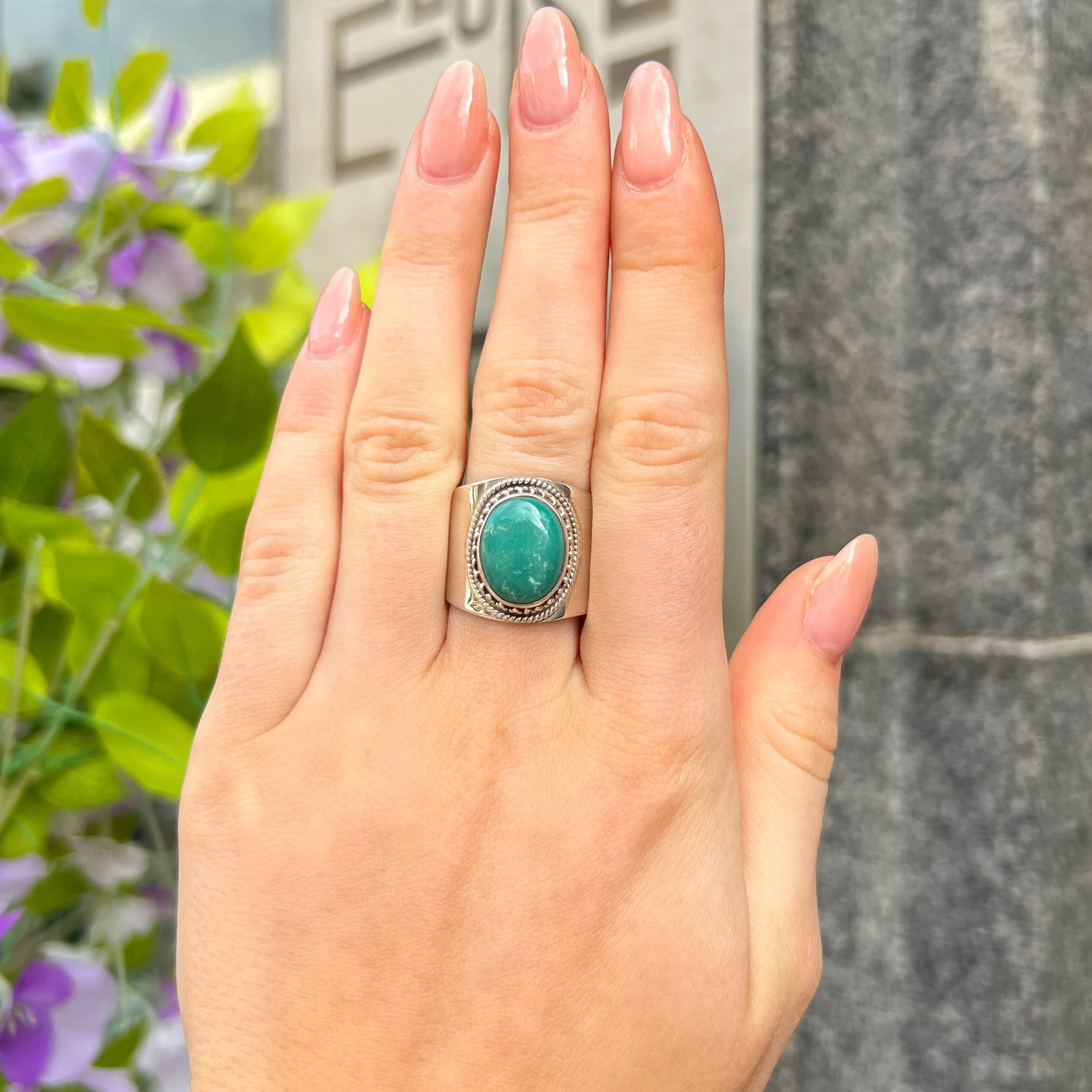 Sterling Silver Boho Green Amazonite Ring - Size T