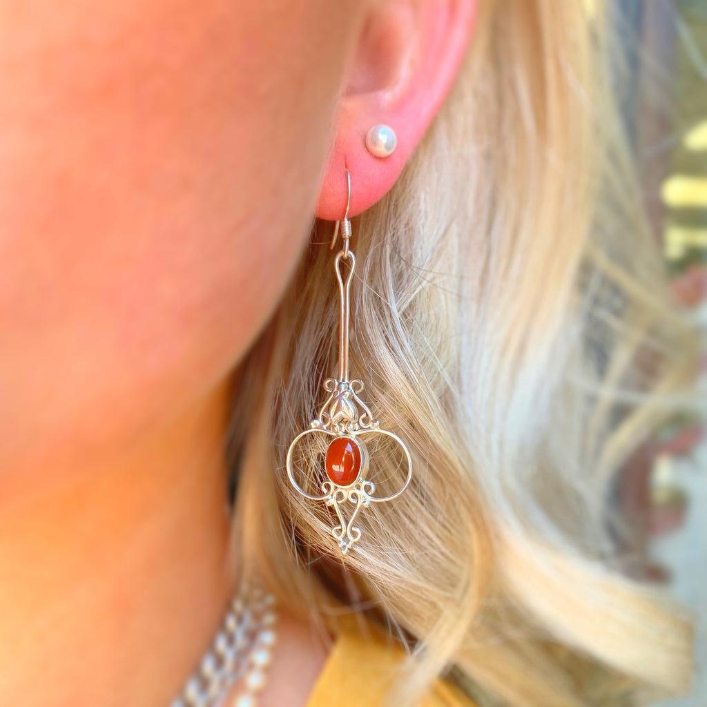 Intricate Filigree Carnelian Sterling Silver Drop Earrings