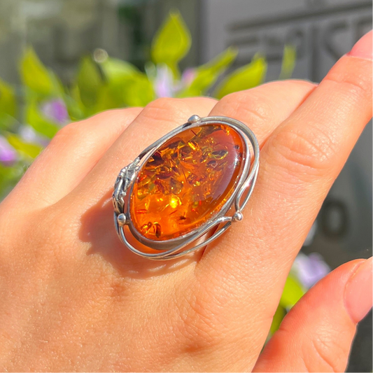 Super Chunky Sterling Silver Orange Amber Ring - Size P