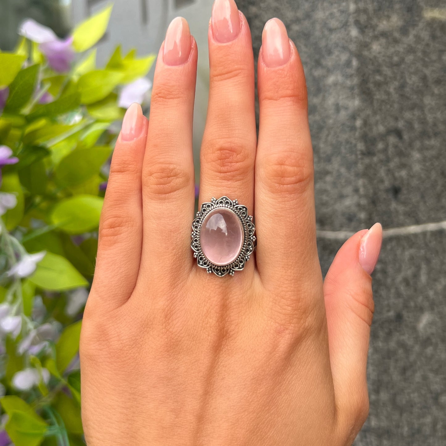 Chunky Bohemian Sterling Silver Cabochon Pink Rose Quartz Ring - Size N