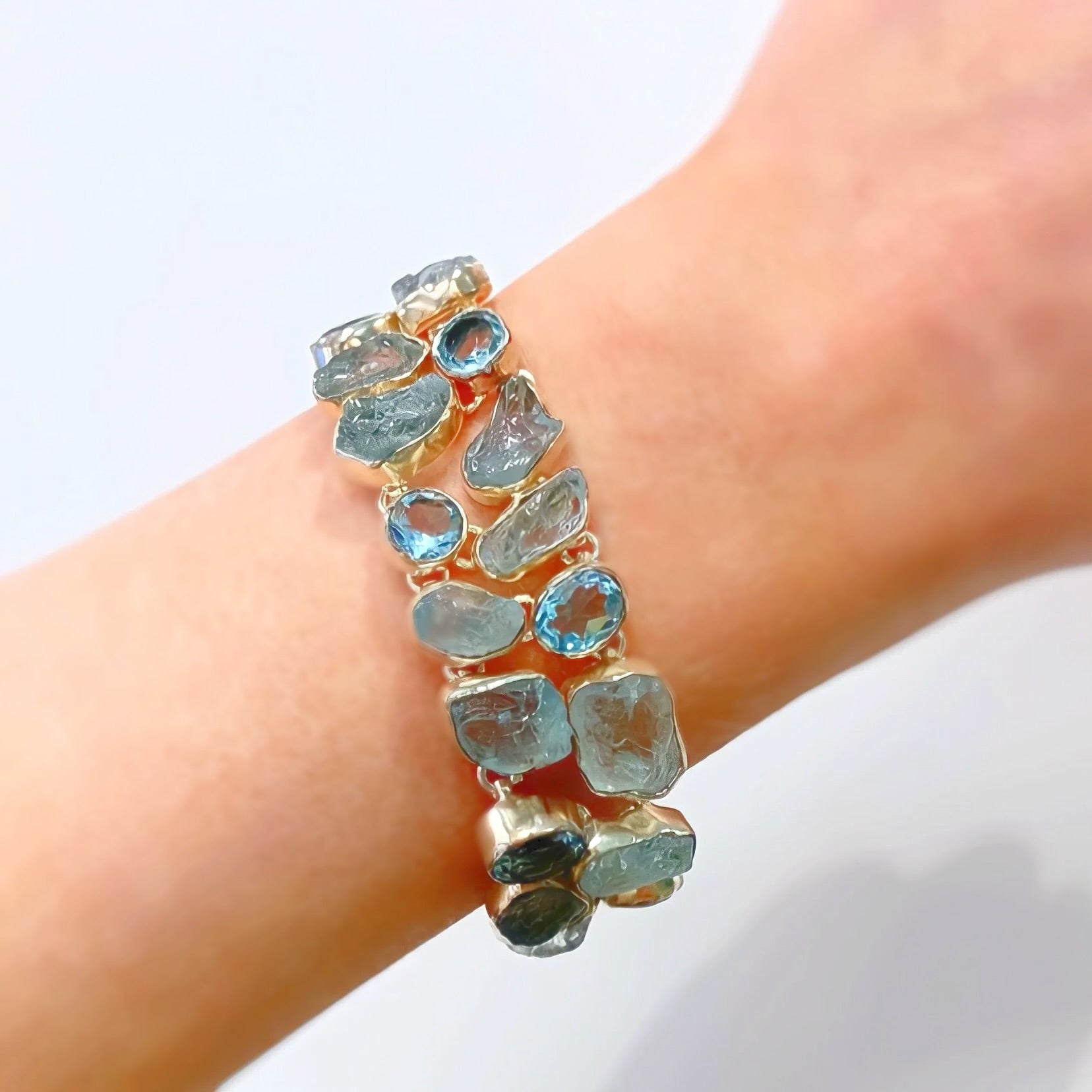 Raw Aquamarine and Blue Topaz Sterling Silver Bracelet