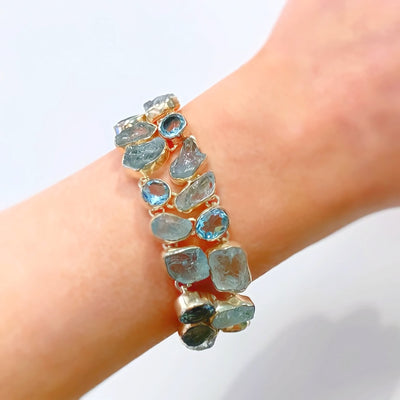 Raw Aquamarine and Blue Topaz Sterling Silver Bracelet