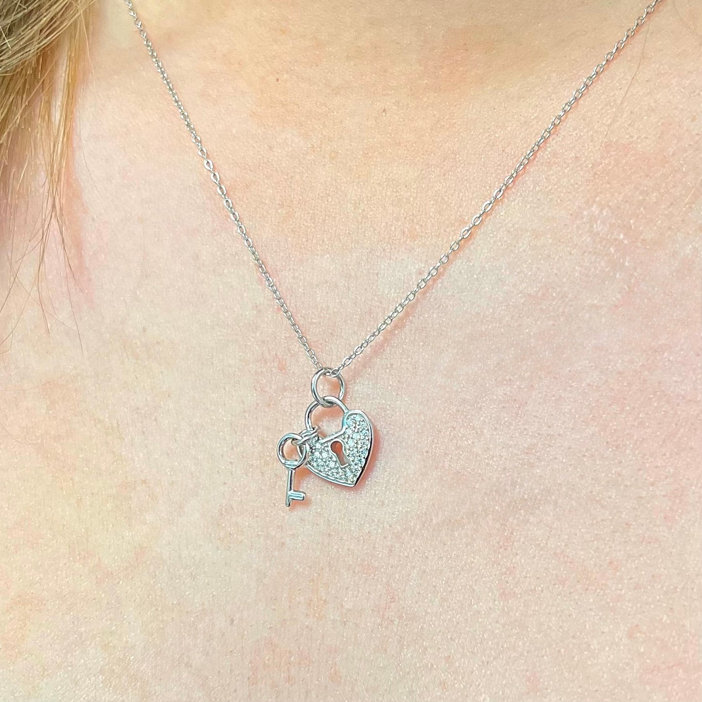 Cubic Zirconia Sterling Silver Heart Lock & Key Necklace