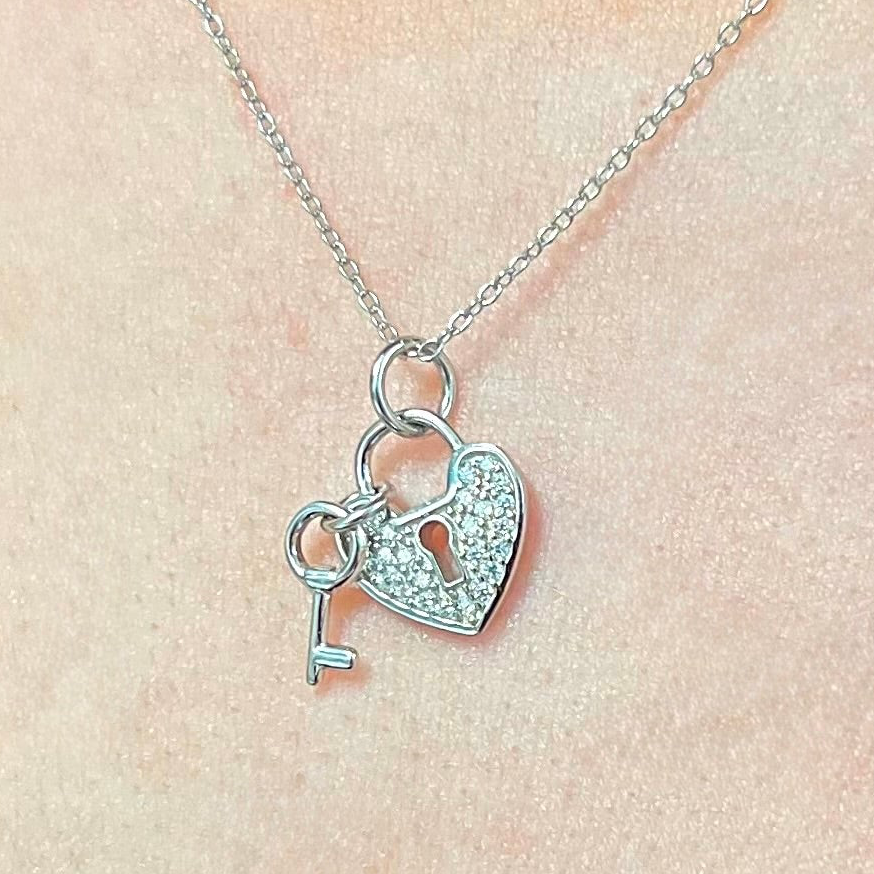 Cubic Zirconia Sterling Silver Heart Lock & Key Necklace
