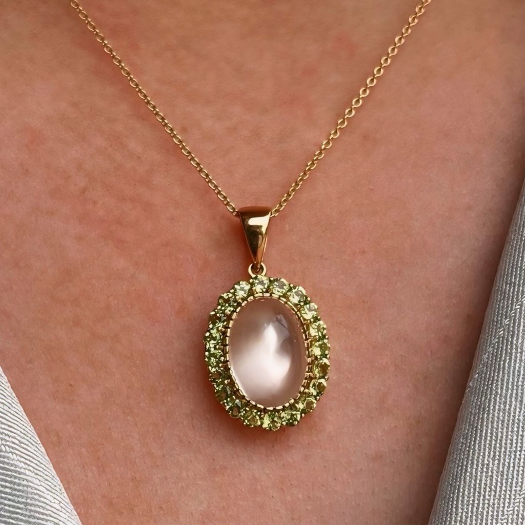 Moonstone and Peridot 9ct Yellow Gold Halo Necklace