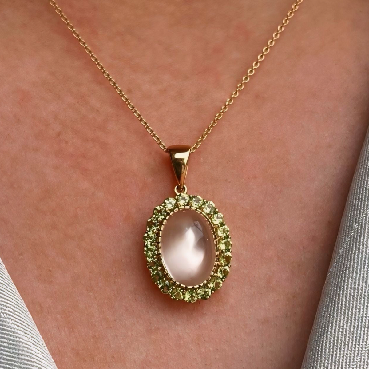 Moonstone and Peridot 9ct Yellow Gold Halo Necklace
