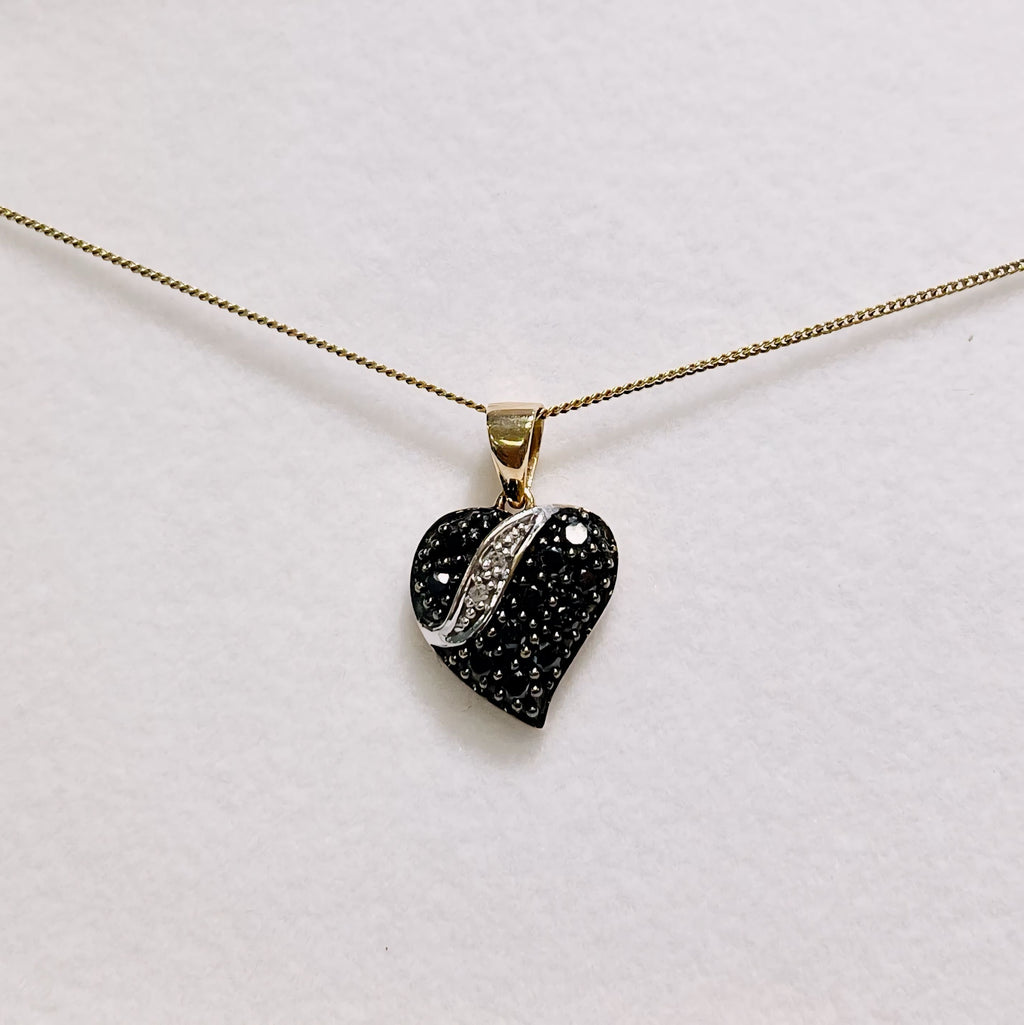 Vintage Black Diamond 9ct Yellow Gold Witch's Heart Necklace