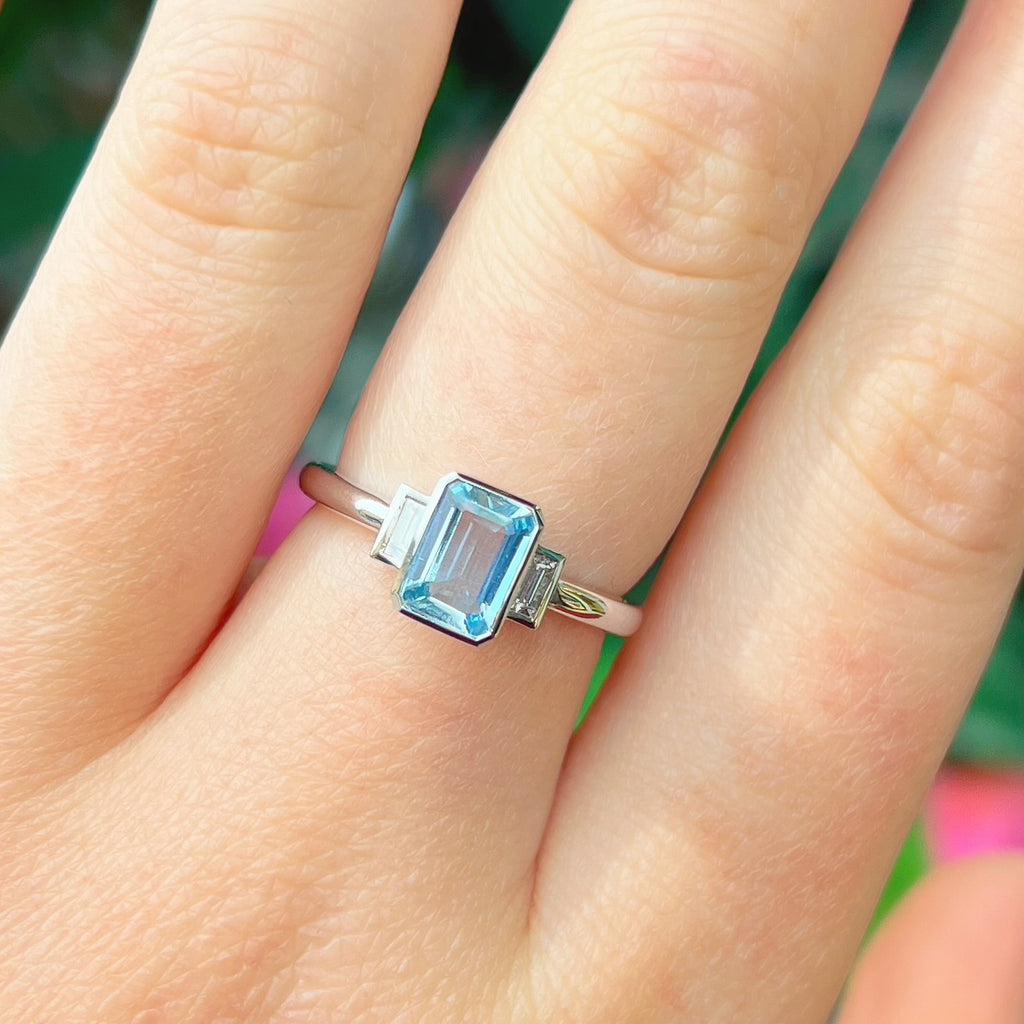 Emerald-Cut Aquamarine and Baguette-Cut Diamond 18ct White Gold Trilogy Ring | Size N