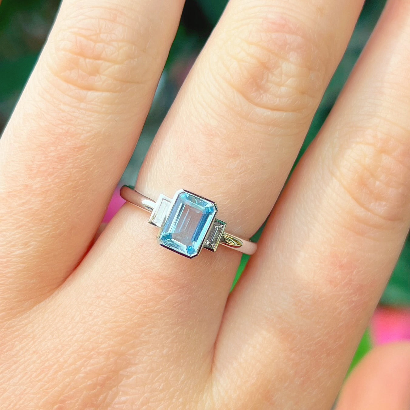 Incredible 18ct White Gold Emerald-Cut Aquamarine and Baguette-Cut Diamond Trilogy Ring - Size N