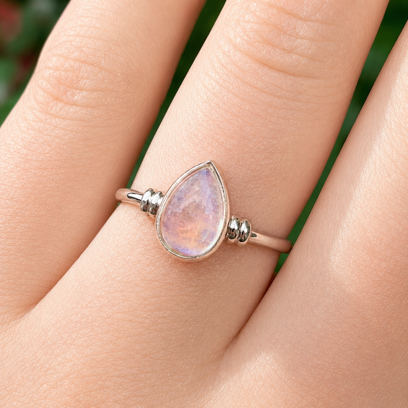 Dainty Sterling Silver Pear-Cut Moonstone Ring - Size M