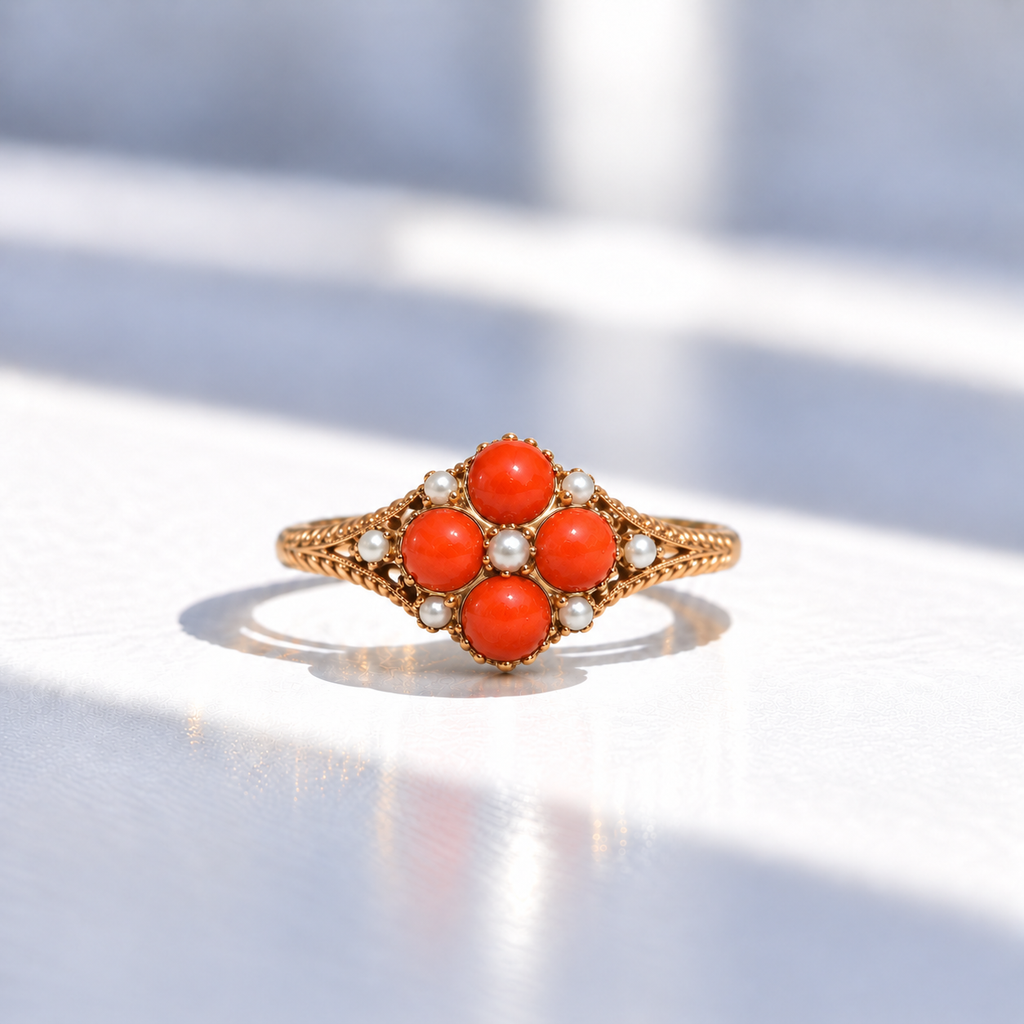 Coral and Seed Pearl 9ct Yellow Gold Forget-me-not Victorian Inspired Ring | Size M ½