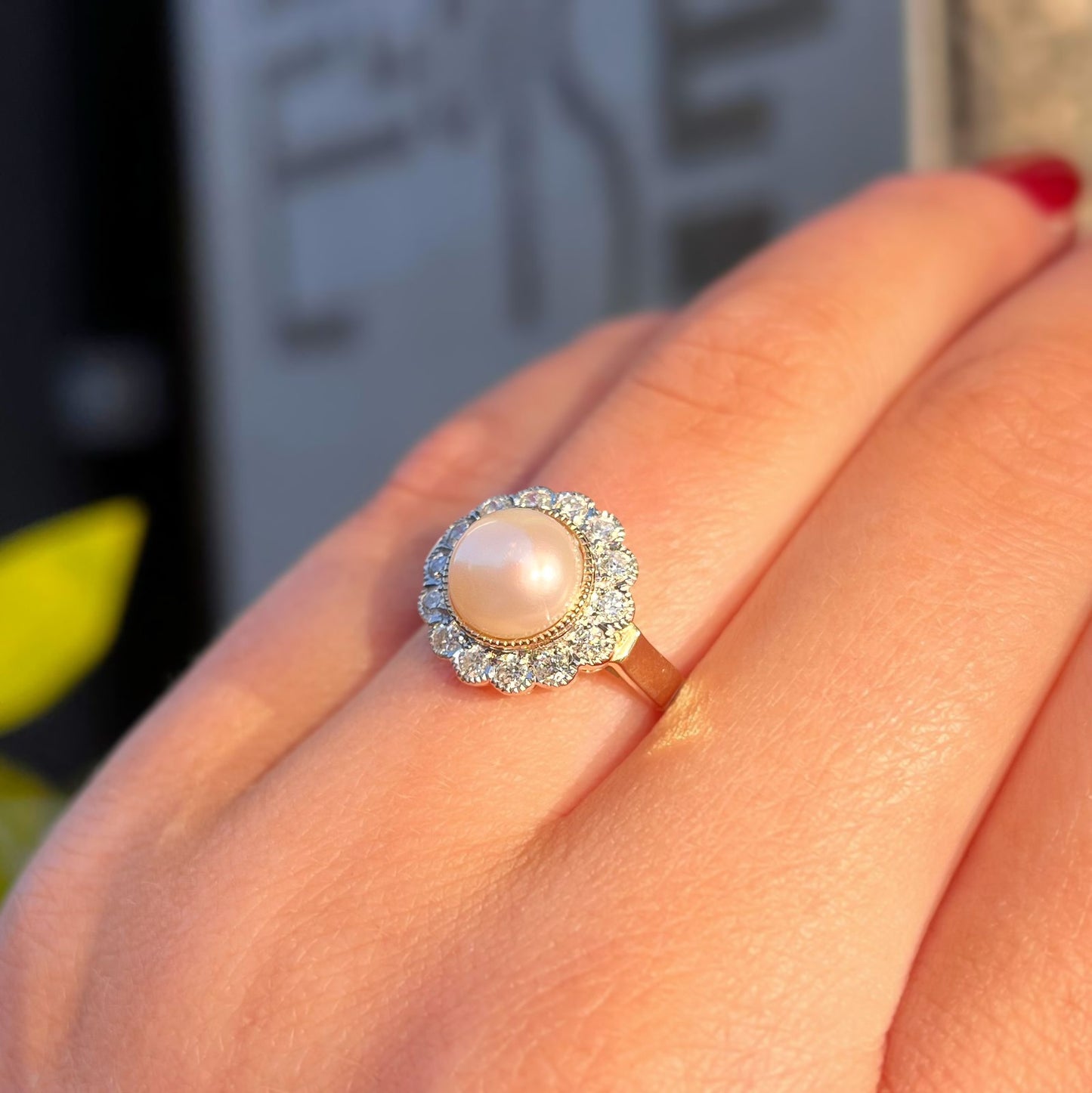 'Audrey' Ring - Timeless 9ct Yellow Gold Pearl and Diamond Halo Cluster Ring Size O