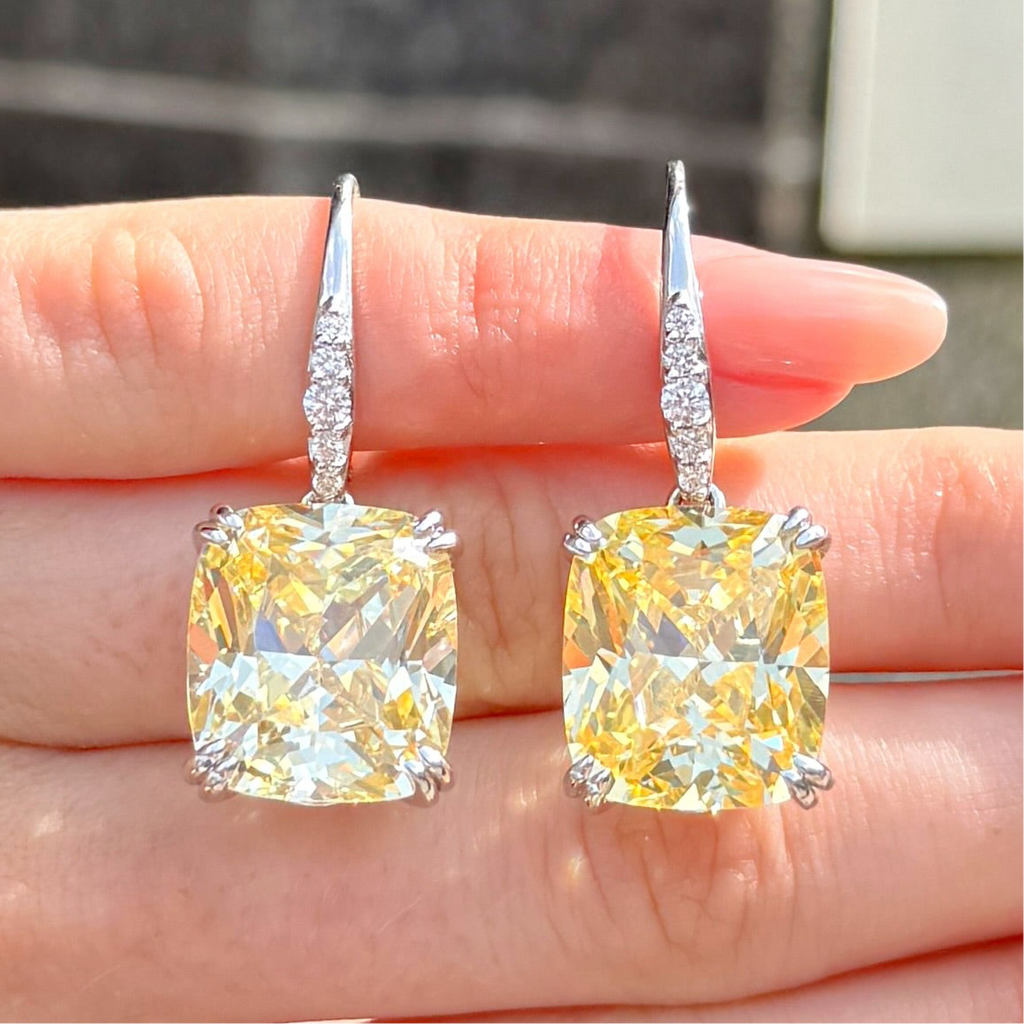 Lemon Yellow Square Cut Cubic Zirconia Sterling Silver Drop Earrings