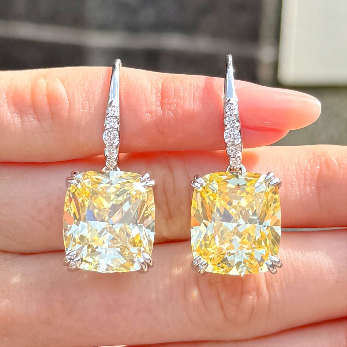 Lemon Yellow Square Cut Cubic Zirconia Sterling Silver Drop Earrings