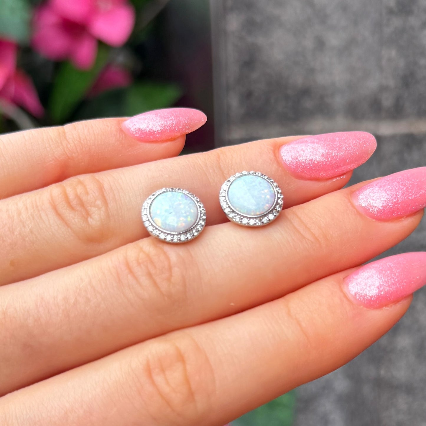 White Opal Cubic Zirconia Halo Sterling Silver Stud Earrings
