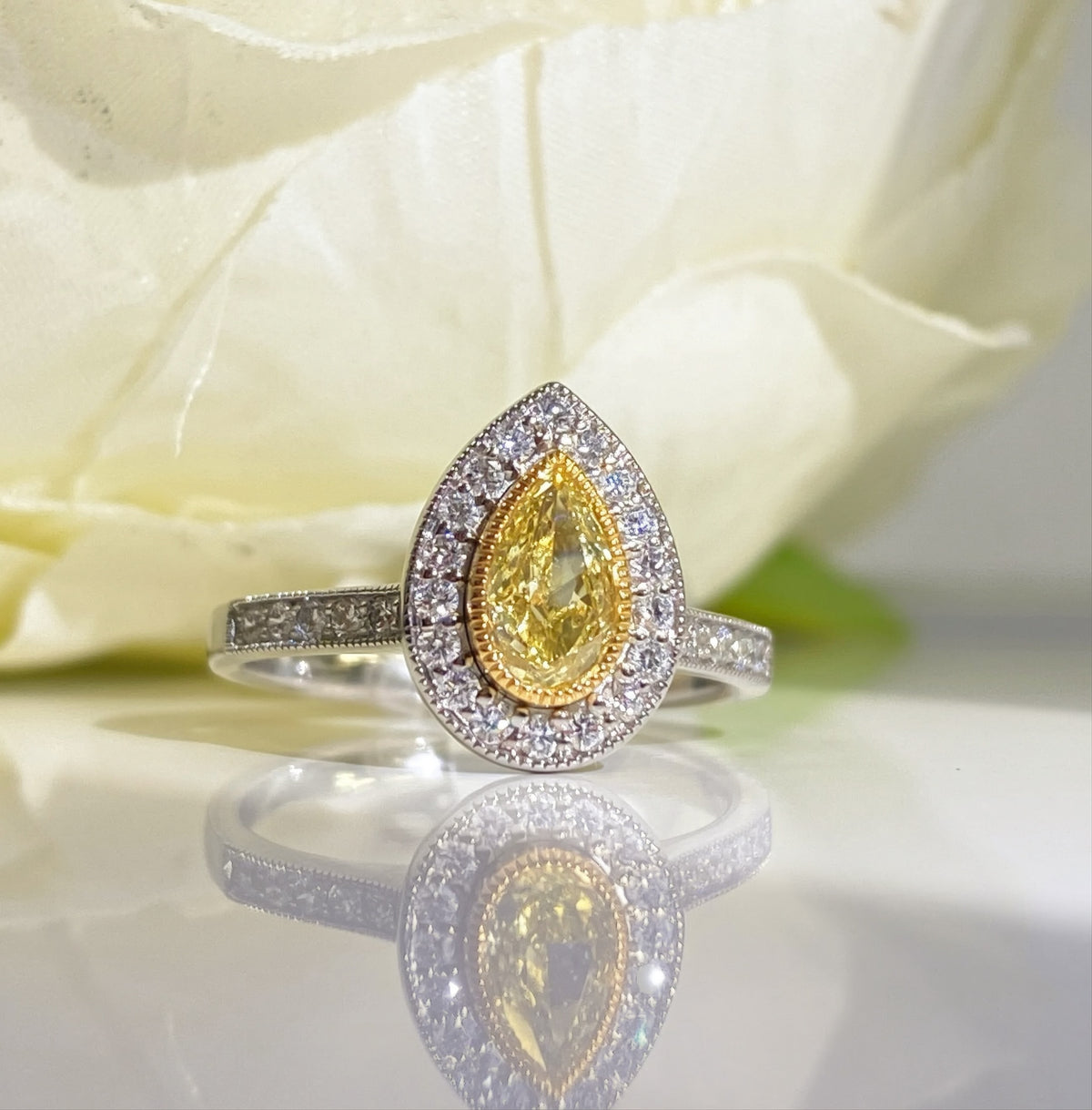 Rare Canary Lemon Yellow Diamond Pear Halo Platinum Ring | Size M