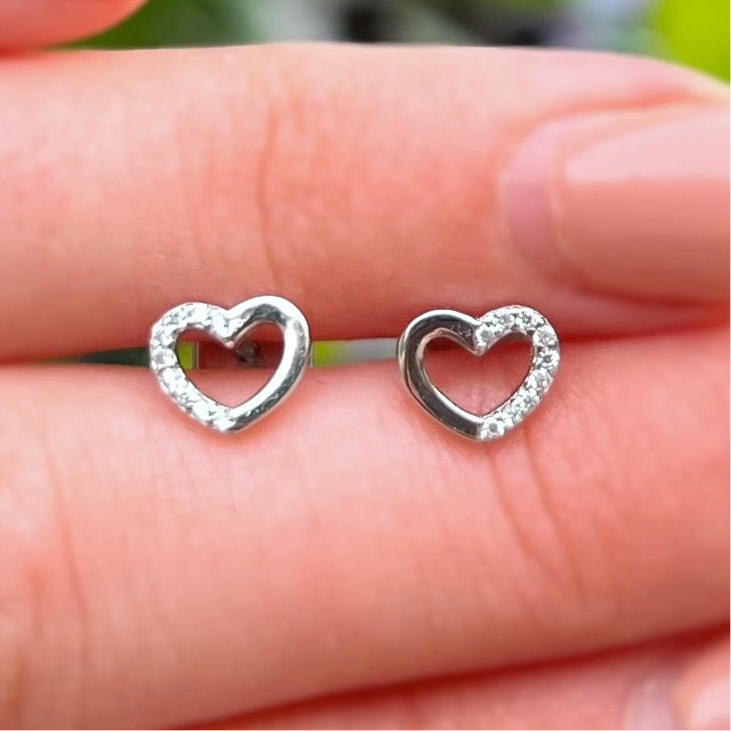 Sterling Silver Heart Outline Cubic Zirconia Encrusted Stud Earrings