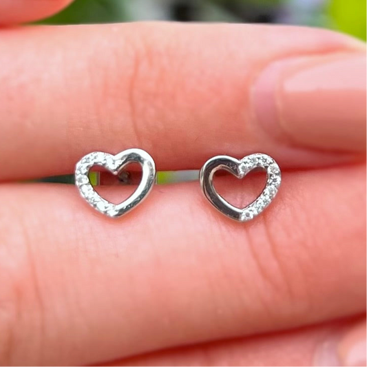 Sterling Silver Heart Outline Cubic Zirconia Encrusted Stud Earrings