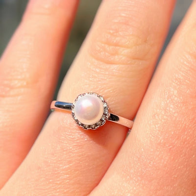 Pearl and Cubic Zirconia Sterling Silver Halo Cluster Dainty Ring | Size L