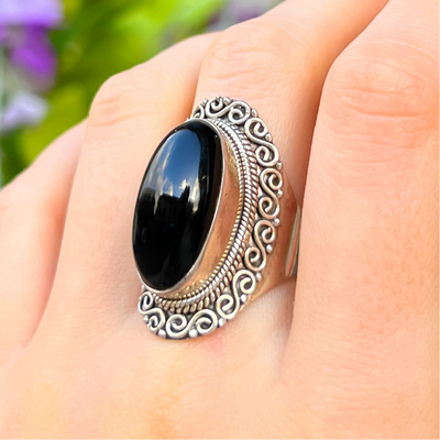 Onyx Sterling Silver Bohemian Ring | Size O
