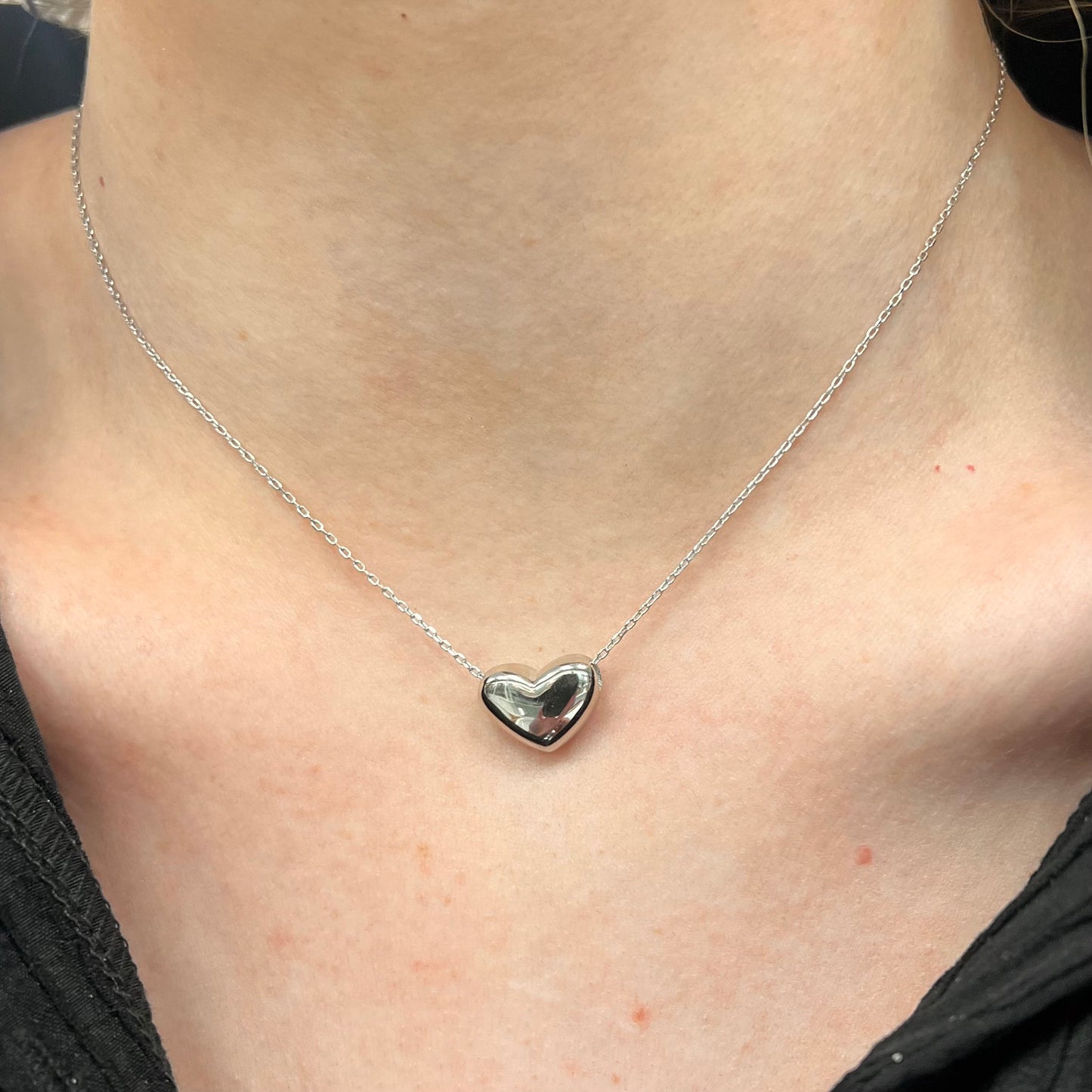 Sterling Silver Plain Puffy Heart Slider Necklace