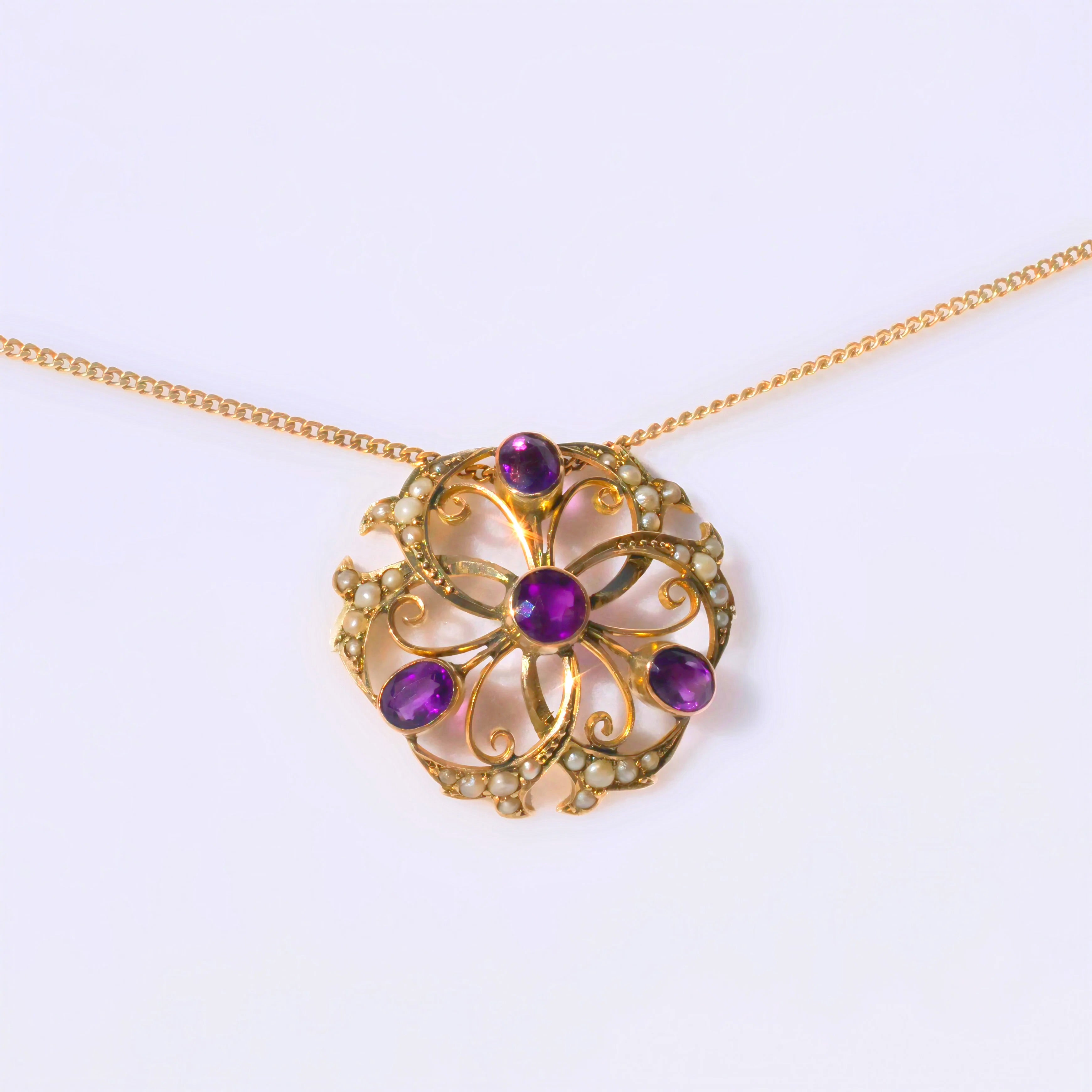Antique Edwardian Amethyst and Seed Pearl 9ct Yellow Gold Necklace
